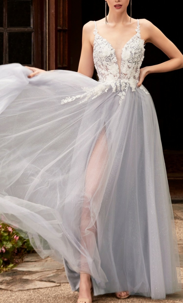 Floor length beaded floral a line tulle gown in mauve pink or blue